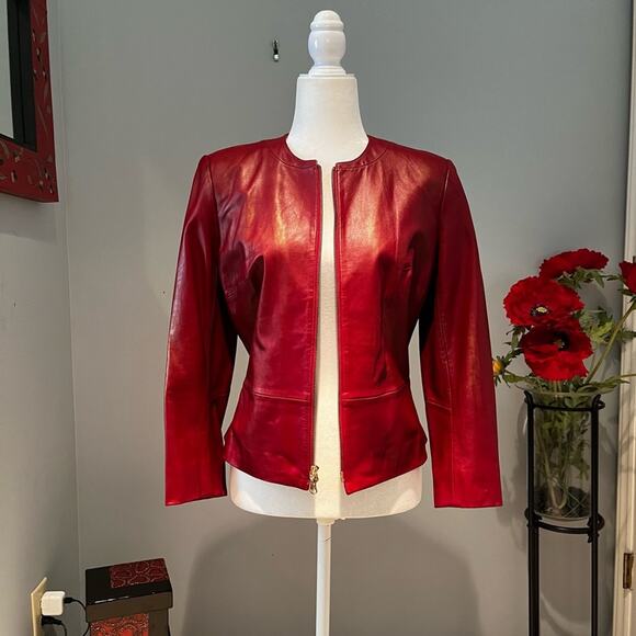 NEW Vakko VS2 Lamb Leather Classic Tailored Peplum Zip Collarless Jacket Red… - Picture 2 of 13
